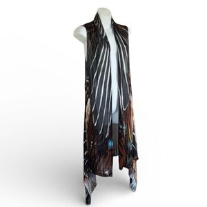 DOR DOR COUTURE Long Vest Black Brown Butterfly Wing, Sheer Mesh. L